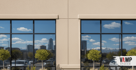 Properly installed kick-out flashing diverting water away from commercial stucco wall intersection