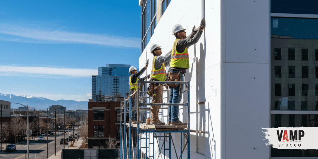 Sleek gray modern commercial stucco Denver office building featuring minimalist smooth finish and glass facade