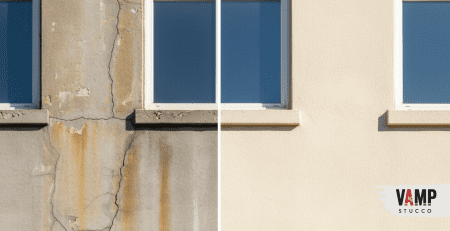 Comparison of dated versus modern stucco facade showing the impact of exterior branding on tenant retention